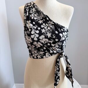 Free People One-Shoulder Black and Cream Floral Crop Top